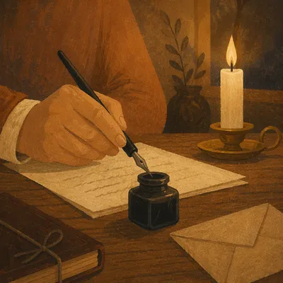 Candlelit Letter Writing at Wooden Desk