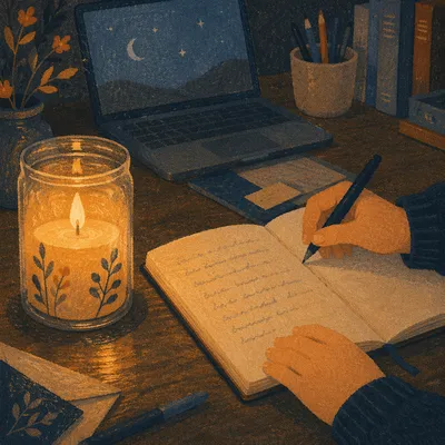 Candlelit Letter Writing at Evening Desk