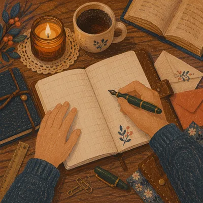 Candlelit Letter Writing on Wooden Desk