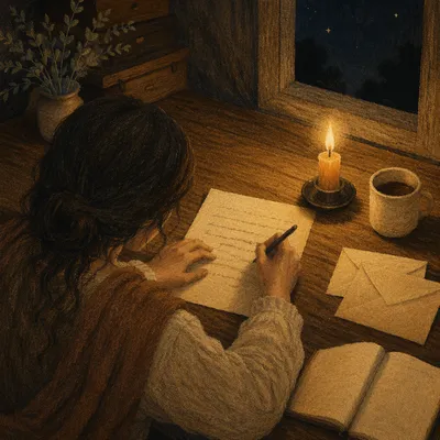 Candlelit Letter Writing at Wooden Desk
