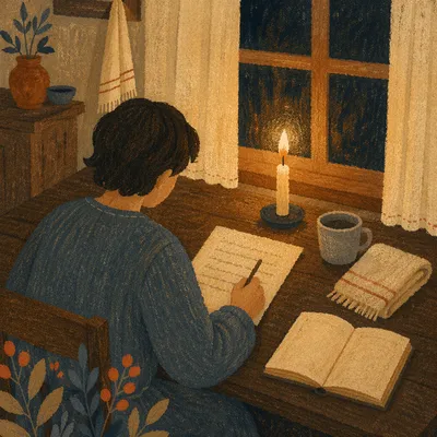 Candlelit Letter Writing at Wooden Desk