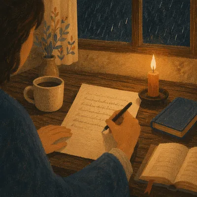 Candlelit Letter Writing at Wooden Desk