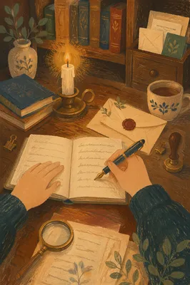 Candlelit Letter Writing at Vintage Wooden Desk