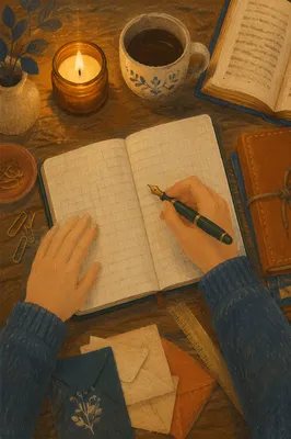Candlelit Letter Writing on Wooden Desk