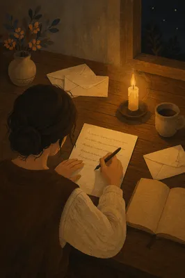 Candlelit Letter Writing at Wooden Desk