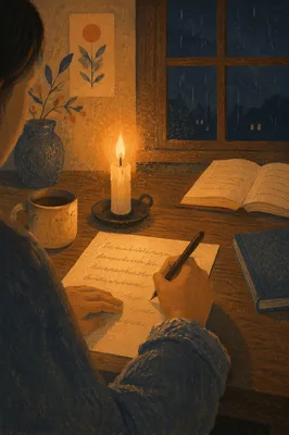 Candlelit Letter Writing at Wooden Desk
