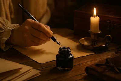 Candlelit Letter Writing at Wooden Desk