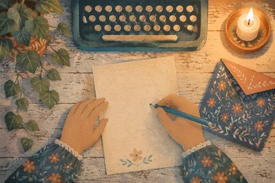 Candlelit Letter Writing Desk with Vintage Typewriter