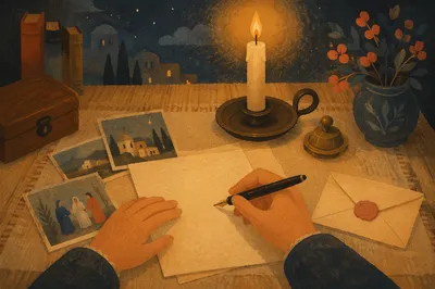 Candlelit Letter Writing at Vintage Desk