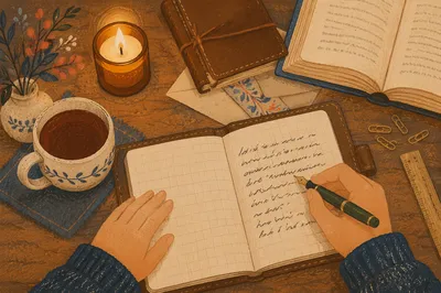Writing Letter by Candlelight on Wooden Desk