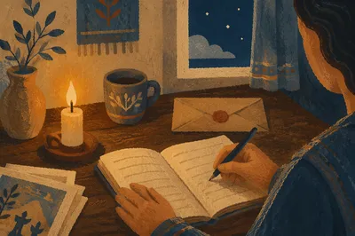 Candlelit Letter Writing at Quiet Wooden Desk