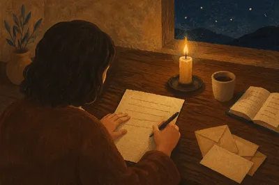 Candlelit Letter Writing at Wooden Desk