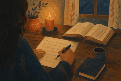 Candlelit Letter Writing in Quiet Study