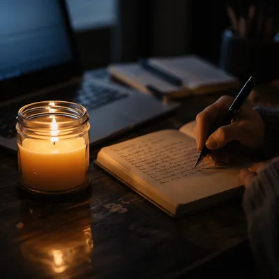 Candlelit Letter Writing at Evening Desk