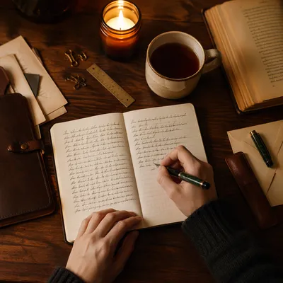 Candlelit Letter Writing on Wooden Desk