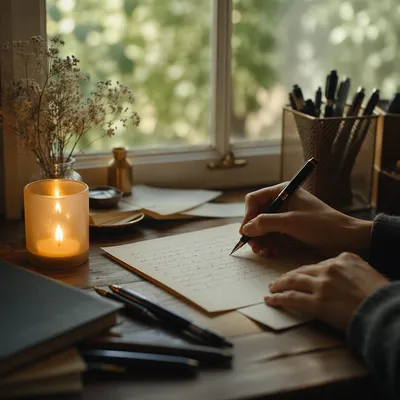 Candlelit Handwritten Letter at Cozy Desk