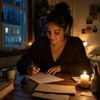 Young Woman Writing Letter by Candlelight