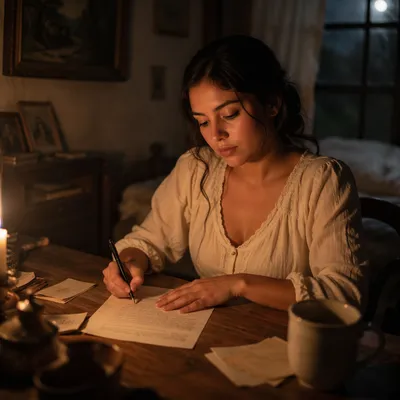 Young Woman Writing Letter by Candlelight