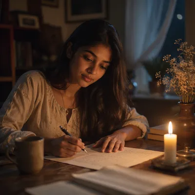 Young Woman Writing Letter by Candlelight