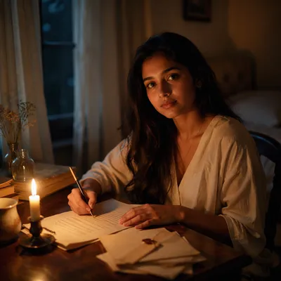 Young Woman Writing Letter by Candlelight