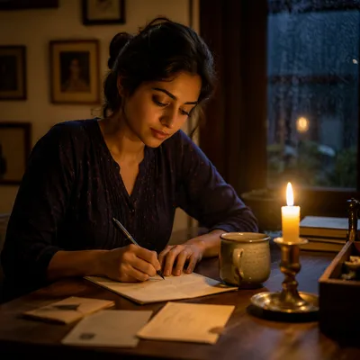 Young Woman Writing Letter by Candlelight