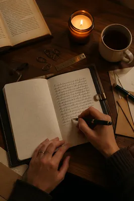 Candlelit Letter Writing on Wooden Desk