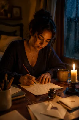 Young Woman Writing Letter by Candlelight
