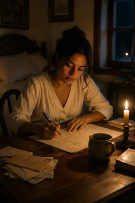 Young Woman Writing Letter by Candlelight