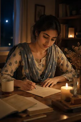 Young Woman Writing Letter by Candlelight
