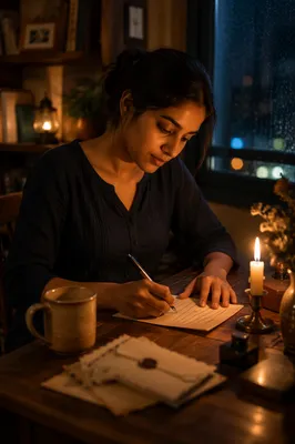 Young Woman Writing by Candlelight Desk