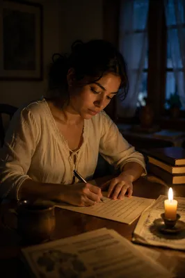 Woman Writing Letter by Candlelight Desk