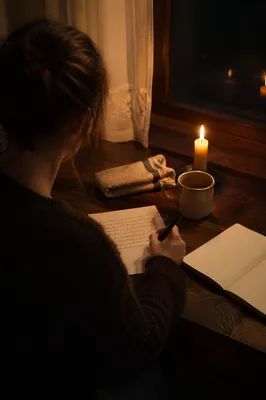 Quiet Candlelit Letter Writing at Desk