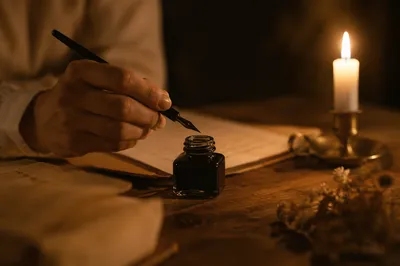 Candlelit Letter Writing at Wooden Desk