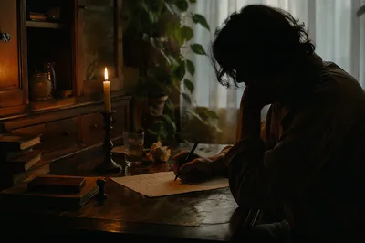 Candlelit Letter Writing at Vintage Desk