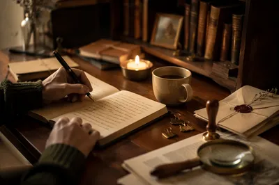 Candlelit Letter Writing at Vintage Desk