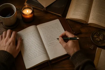 Candlelit Handwritten Letter on Wooden Desk