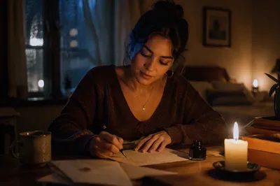 Woman Writing Letter by Candlelight Desk
