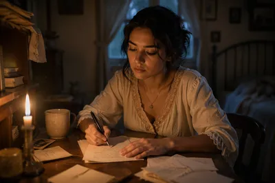 Young Woman Writing Letter by Candlelight