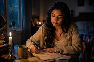 Woman Writing Letter by Candlelight at Desk