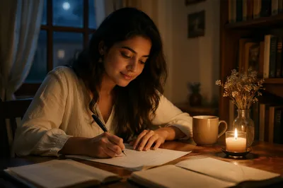 Young Woman Writing Letter by Candlelight