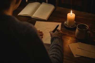 Candlelit Letter Writing at Wooden Desk