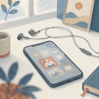 Smartphone and Earbuds on White Desk