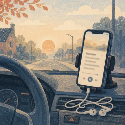 Smartphone with Earbuds in Parked Car