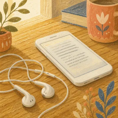 Smartphone and Earbuds on Wooden Table
