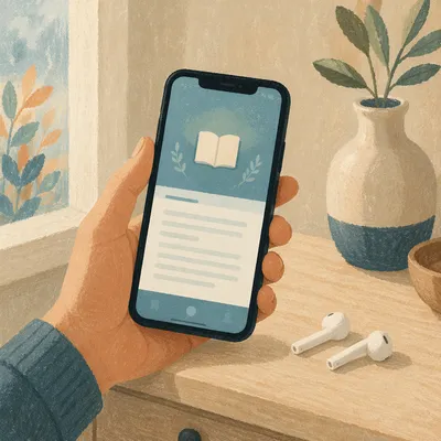 Hand Holding Smartphone with Earbuds Nearby