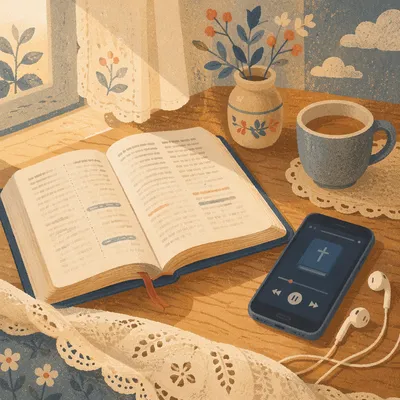 Open Bible and Smartphone with Earbuds