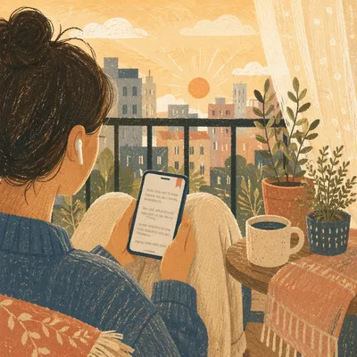 Morning Balcony Reading with Smartphone and Earbuds