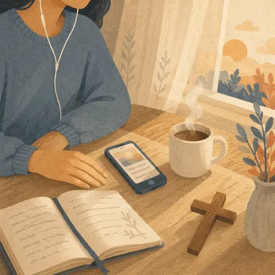 Morning Bible App Devotion with Earbuds