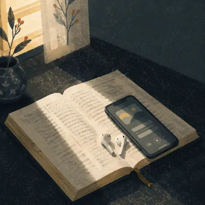 Bible, Smartphone and Earbuds on Bedside Table
