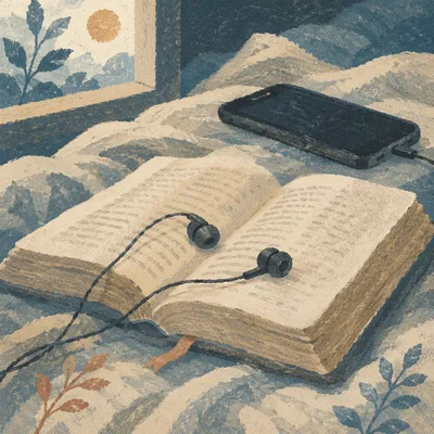 Bible with Earbuds on Rumpled Bedding